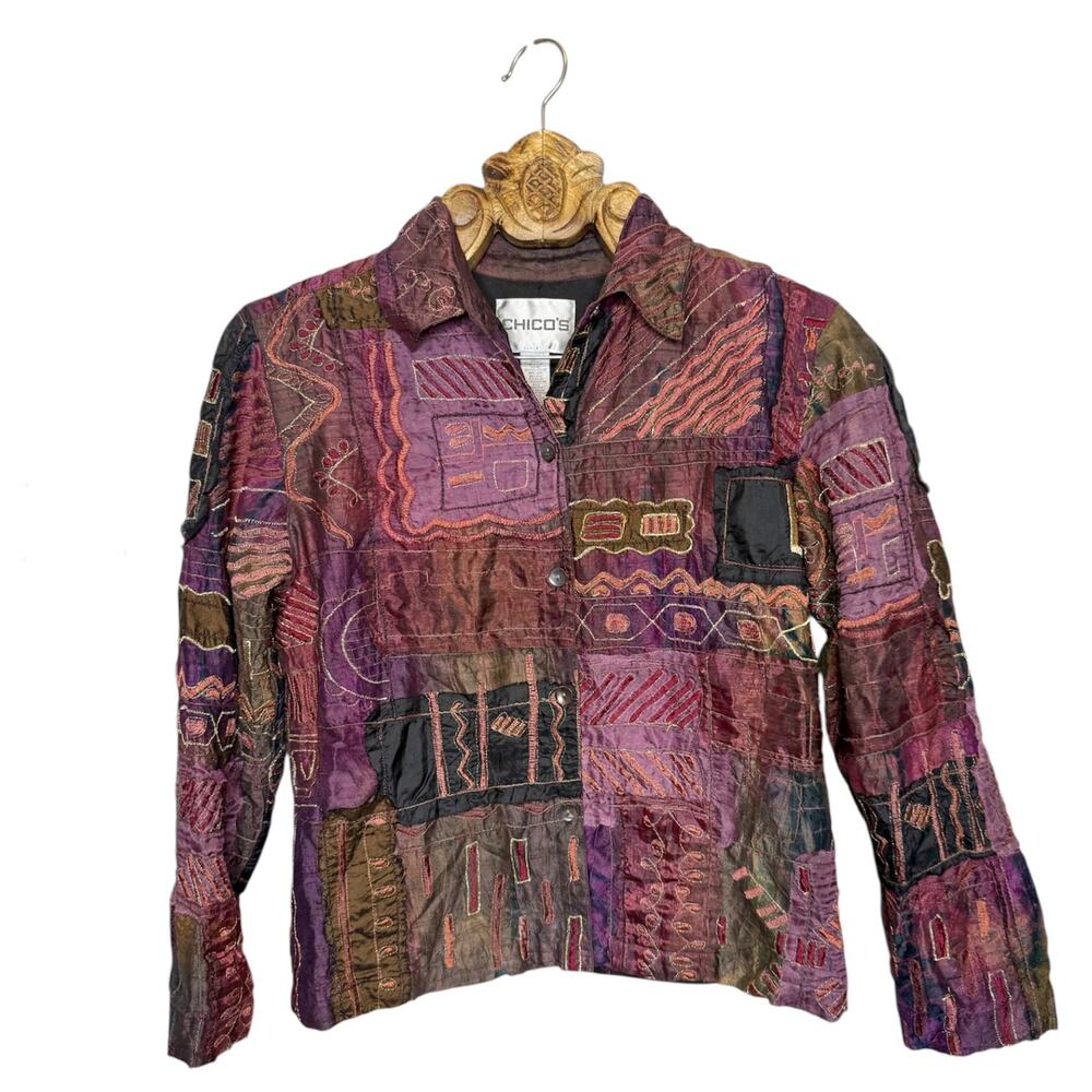 Chico Jacket Blazer Shacket Artsy Patchwork Boho Quilted Silk Purple Pink Medium